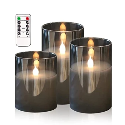 Image of HIYAA LED Flameless Candles, Gray Glass Battery Operated Candles Flickering with Remote, 3D Wick Realistic Warm Light Timer for Wedding Party Christmas Decoration