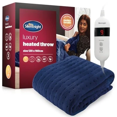 Image of Silentnight Comfort Control Heated Throw Blanket Luxury Fleece Electric Overblanket for Sofa Bed with 9 Heat Settings, Fast up and Safety Shut Off Machine Washable 130x160cm Navy
