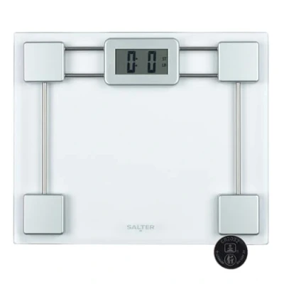 Image of Salter 9081 SV3R Glass Bathroom Scale Electronic Digital Bodyweight Scale, 150kg/23st 8lb, LCD Easy To Read Display, Step On Instant Readings, Slim For Neat Storage, Includes Carpet Feet &amp; Battery