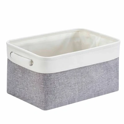Image of Mangata Canvas Storage Box Fabric Basket with Handles for Cupboards, Shelves, Clothes, Toys (Medium, Foldable, Grey White)