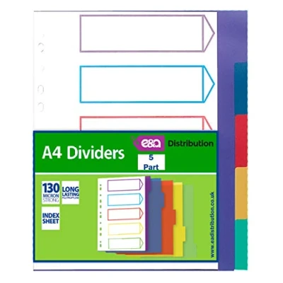 Image of A4 File Dividers Plastic Coloured Tabs Subject Filing Numbered A Z (5 Part Dividers)