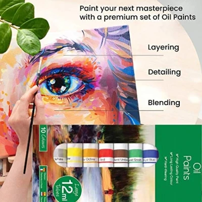 Image of Copper Top Oil Paint Set 10 Colours 12ml Tubes Artist Grade Paints for Professional Artists, Students &amp; Beginners Ideal Canvas, Wall Art, Murals, Landscape Portrait Paintings