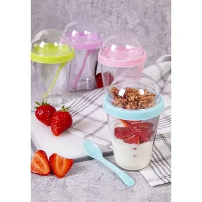 Image of RSW Set Of 2 Breakfast To Go Snack Pots With Spoon Travel Cereal Tub &amp; Lid Lunch Pot 350ml (AM4024)