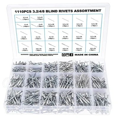 Image of Gueenky 1110Pcs Pop Rivets Assortment, 3.2/4/4.8 mm Blind Aluminum Large Flange, 20 Sizes Dome Head for Metal Wood Plastic