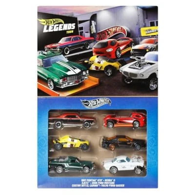 Image of Hot Wheels 1:64 Scale Die Cast Toy Cars &amp; Trucks, Set of 6 HW Legends Vehicles with Elevated Deco (Styles May Vary), JBY78