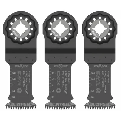 Image of BOSCH OSL114JF 3 Pack 1 1/4 in. Starlock Oscillating Multi Tool Wood Curved Tec Bi Metal Xtra Clean Plunge Cut Blades for Applications in Cutting Wood, Hardwood, Laminate