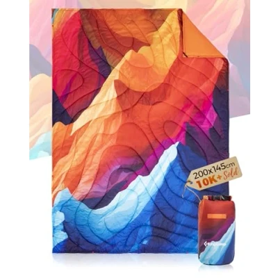 Image of KingCamp Camping Blanket Lightweight Outdoor, Warm Travel Blanket, Sleeping Blankets Ultralight with Snap Button, Quilt for indoor,Traveling, Hiking, Picnic(Colourful Peak, 200 x 145 cm)
