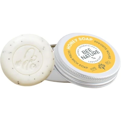 Image of Bee Nature 2 in 1 Organic Honey Soap Bar Cleanses Moisturizes Travel with Aluminum Case 100% Biodegradable Relieves Eczema Suitable for Dry and Sensitive Skin 100g