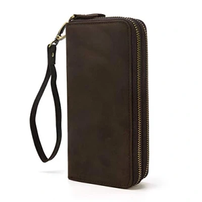 Image of Men&#039;s Genuine Leather Clutch Bag Double Zipper Purse 4 Interlayer Zip Around Wallet (Brown 3)