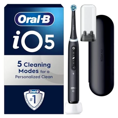 Image of Oral B iO5 Electric Toothbrushes For Adults, 1 Toothbrush Head &amp; Travel Case, 5 Modes With Teeth Whitening, UK 2 Pin Plug, Black