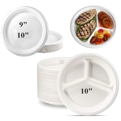Image of A406 10&quot; Disposable Plates Biodegradable Bagasse Plates, 3 Compartment Eco Friendly Compostable Party Paper 9&quot; (100, Plates)