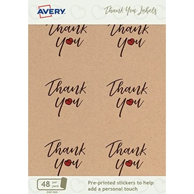 Image of Avery ATY01 40 mm Pre Printed Thank You Round Sticker Label Brown Kraft (Pack of 48)