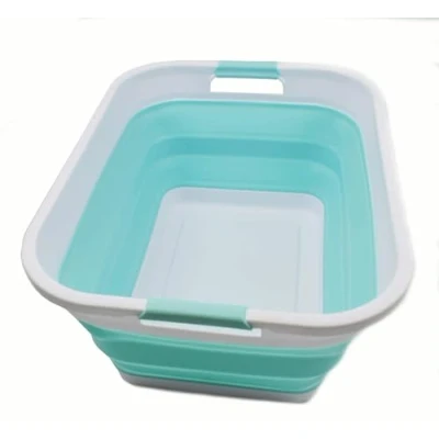 Image of SAMMART 41L Collapsible Plastic Laundry Basket Foldable Pop Up Storage Container/Organizer Portable Washing Tub Space Saving Hamper/Basket (White/Lake Green)