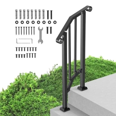 Image of VEVOR BP 12 Handrails for Outdoor, 1 2 Hand, Transitional Carbon Steel Installation Kit, Stair Rails Seniors, Concrete Steps &amp; Porch Deck, Black Retro Arch
