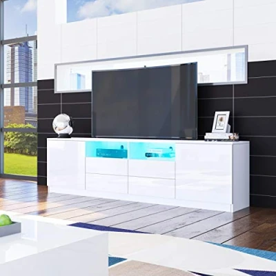 Image of Senvoziii LED TV Stand Unit, White &amp; Black High Gloss Front Sideboard Cabinet with 2 Doors 4 Drawers for Bedroom Living Room 180cm