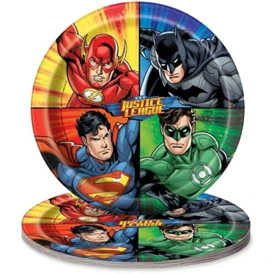 Image of Justice League Multicolor Round Paper Dinner Plates (22cm) Pack of 8 Perfect for Superhero Themed Parties &amp; Celebrations