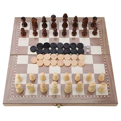 Image of Chess Set, 12&quot;x12&quot; Wooden 3 in 1 &amp; Checkers Backgammon Folding Board Portable Travel Tabletop Game Toy Set