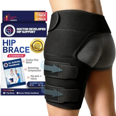 Image of Doctor Developed Hip Support Brace Piriformis Syndrome, Sciatica Pain Relief Products Thigh Compression Sleeve, Hamstring For Women &amp; Men W/ Handbook (L/XL, Black Right)