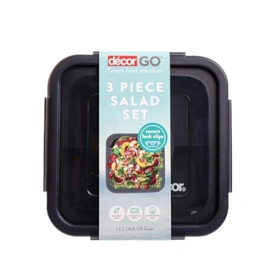 Image of Décor Go Salad Set, BPA Free, 3 Compartments divider tray and dressing pot included perfect for school work lunches on the go. Dishwasher Safe, 1.4L, Navy
