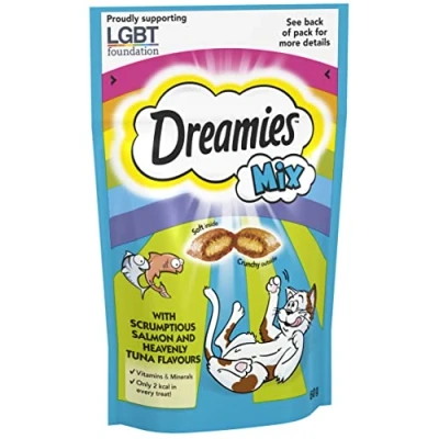 Image of Dreamies Cat Treats, Tasty Snacks with Scrumptious Salmon and heavenly Tuna, 8 Pouches of 60 g