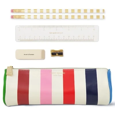 Image of kate spade new york Pen and Pencil Case with Office Supplies, Zip Pouch Includes 2 Pencils, Sharpener, Eraser, Ruler (Adventure Stripe)