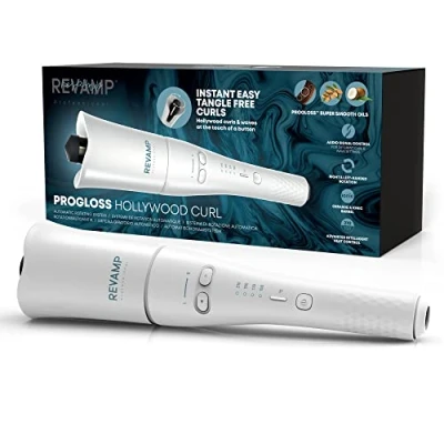 Image of REVAMP Progloss Hollywood Curl Automatic Rotating Hair Curler Curling Iron with Ionic Jet Technology and Ceramic Barrel, Ultra Fast Heat Up Recovery, Frizz Free, Amazon Exclusive White