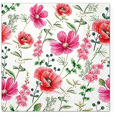 Image of Tete a 3Ply Pastel Flowery Tissue Paper Napkins Decoupage Serviettes 33cm x Pack of 20 (Raspberry Flower)