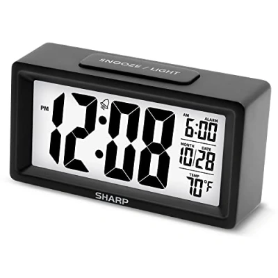 Image of Sharp Alarm Clock with Indoor Temperature, Nightlight, Calendar, Battery Operated Digital Small for Bedrooms or Travel, Black