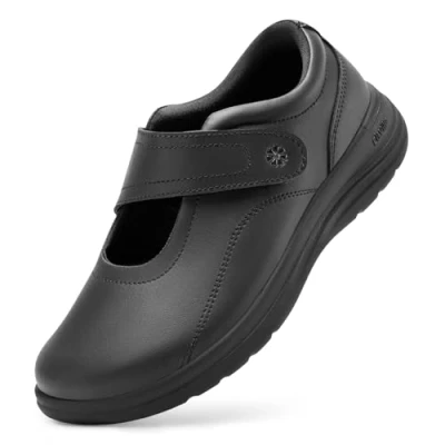 Image of FitVille Womens Wide Fit Leather Shoes, Comfortable Ladies Slip on Loafers with Adjustable Straps for Swollen Feet, JetBlack, 5.5 UK X