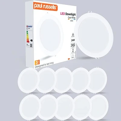 Image of paul russells LED Ceiling Downlights, 24W Slim Recessed Bathroom Kitchen Ceilings, 2450 Lumens, 4000K Cool/Natural White, Cutout 195 205mm, Round Non Dimmable Panel Spotlights, 10 Packs