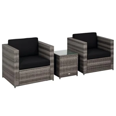 Image of Outsunny 3 Pieces Rattan Bistro Set, Wicker Garden Furniture Set with Glass Top Coffee Table and Chairs, Thickened Washable Cushions for Outdoor, Patio, Balcony, Grey