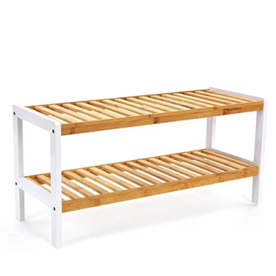 Image of SONGMICS Natural Bamboo 2 Tier Shoe Rack, Shelf for Shoes Plants Books, Living Room Hallway Bedroom Bathroom, 26 x 70 33 cm, White LBS02WT