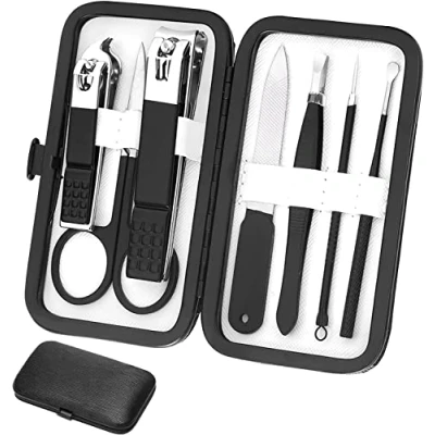 Image of Manicure Set Personal Care Nail Clipper Kit 8Pcs Stainless Steel Grooming with Luxurious Travel Case Gift for Men Husband Boyfriend Parents Women Elder Patient Tools(Black)