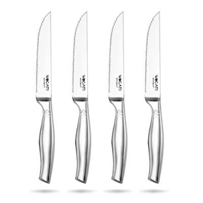 Image of WAGATI Steak Knives Set of 4 Rust Free Stainless Steel with Sharp Serrated Edge Kitchen Knife Non Slip Ergonomic Handle Stain &amp; Scratch Resistant