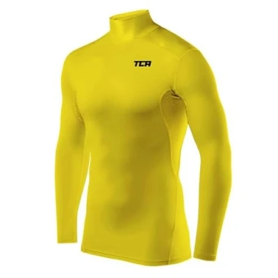 Image of TCA Men&#039;s HyperFusion Compression Base Layer Top Long Sleeve Under Shirt Mock Neck Sonic Yellow Neck, XL