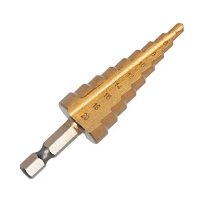Image of UK Drills HSS Step Drill Bit Titanium Coated 4 20mm 9 Steps Set for Drilling on Hard Metal, Stainless Steel, Cast Iron