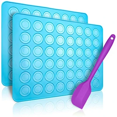 Image of Belmalia 2X Macaron Silicone Baking Mat for Perfect Macarons Non Stick Mould with Pastry Dough Scraper Blue