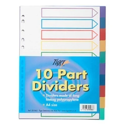 Image of Tiger A4 multicoloured polypropylene 10 part dividers for filing x 1 set