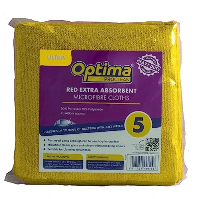 Image of Optima Proclean 5 &#039;Ultra&#039; Premium Thick Microfibre, Heavy Duty, Streak Free, Cleaning Cloths, 40x40cm, Yellow