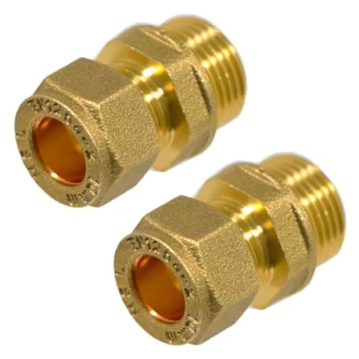 Image of SPARES2GO Compression Connector 10mm x 3/8&quot; BSP Male Straight Brass Pipe Coupler Adaptor Fitting (Pack of 2)