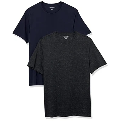 Image of Amazon Essentials Men&#039;s T Shirt Regular Fit Short Sleeve Crewneck, Pack of 2, Charcoal Heather/Navy, L