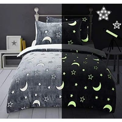 Image of IHIDirect Glow in the dark teddy fleece duvet cover and pillowcase bedding set Double