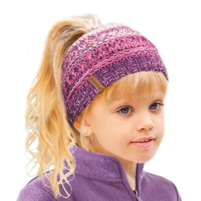 Image of TOSKATOK Girl&#039;s Thermal Teddy Fleece Lined Ponytail Beanie Hat PURP/Pink/Cream