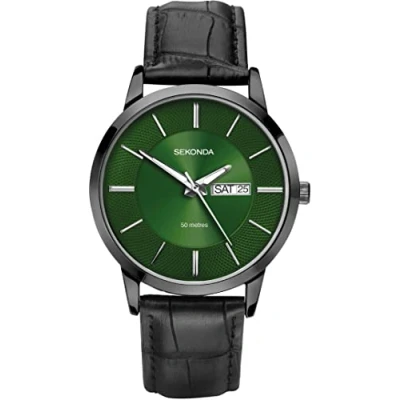 Image of Sekonda Mens Classic Analogue Quartz Watch with Green Dial and Black Leather Strap 1921