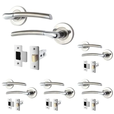 Image of EAI Internal Door Handle + Latch Set Duo Finish 5 Pairs Satin Nickel and Polished Chrome Lever on Rose Round (64mm)