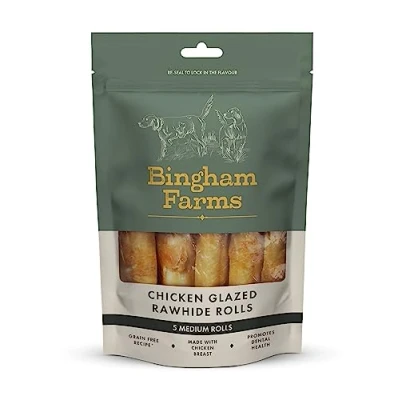 Image of Bingham Farms Chicken Glazed Rawhide Roll Dog Treat Dental Chew, Nutritious, Natural Flavour, High Protein Medium 5 pk 90 g