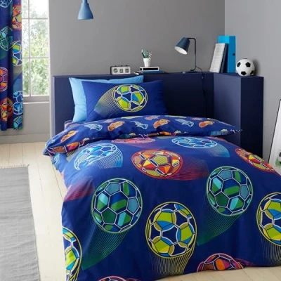 Image of Catherine Lansfield Bright Football Reversible Double Duvet Cover Set with Pillowcases Navy Blue