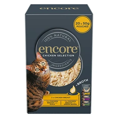 Image of Encore 100 Percent Natural Wet Cat Food, Multipack Chicken Selection in Broth, 50g Pouch (Pack of 20 Pouches)