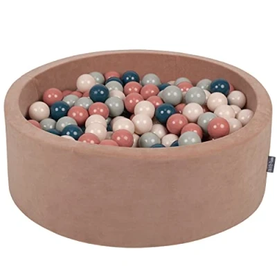 Image of KiddyMoon Soft Ball Pit Round 90X30cm/300 Balls ∅ 7Cm / 2.75In For Kids, Foam Velvet Pool Baby Playballs, Made In EU, Desert Pink:Dark Turquoise/Pastel Beige/Greygreen/Salmon Pink