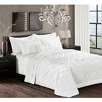 Image of swift 3 Piece Quilted Bedspread/Bed Throw with Pillow Shams Luxury Premium Quality Crushed Velvet (White, Double)